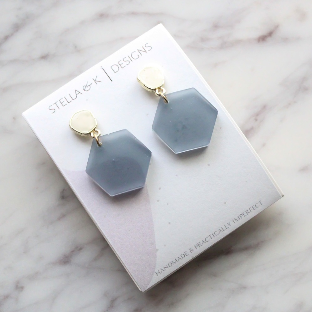 Handmade Earrings - Hexagon Resin Earrings - Light Gray, Cream - NEW
